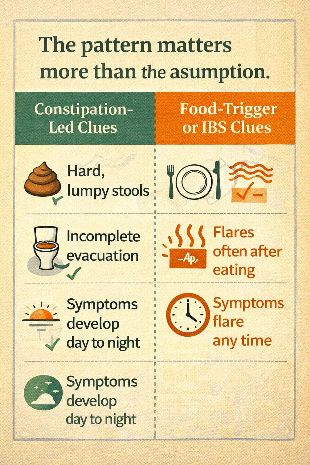 The pattern matters more than the assumption. Comparison card showing clues that bloating is more linked to constipation versus food-trigger or IBS patterns.