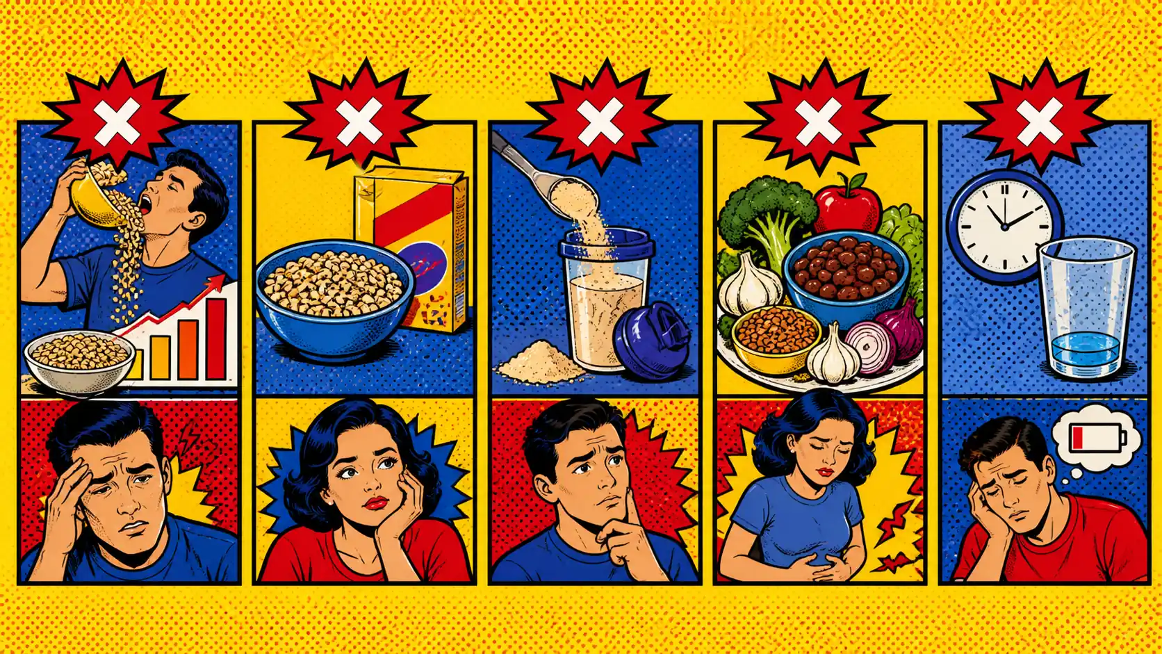 Most fiber mistakes are pattern mistakes. Pop art style comparison board showing common fiber intake mistakes such as sudden jumps, one-source habits, supplement-first choices, fermentable stacking, and missing fluids.
